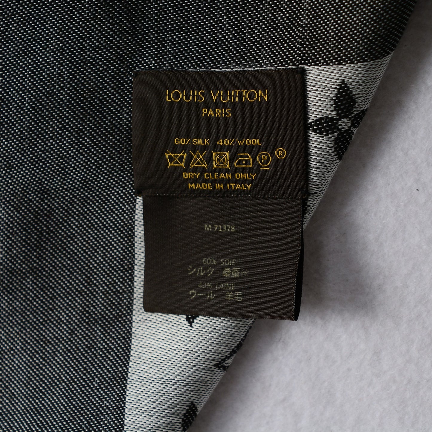 Wool Silk Monogram Denim Shawl Black