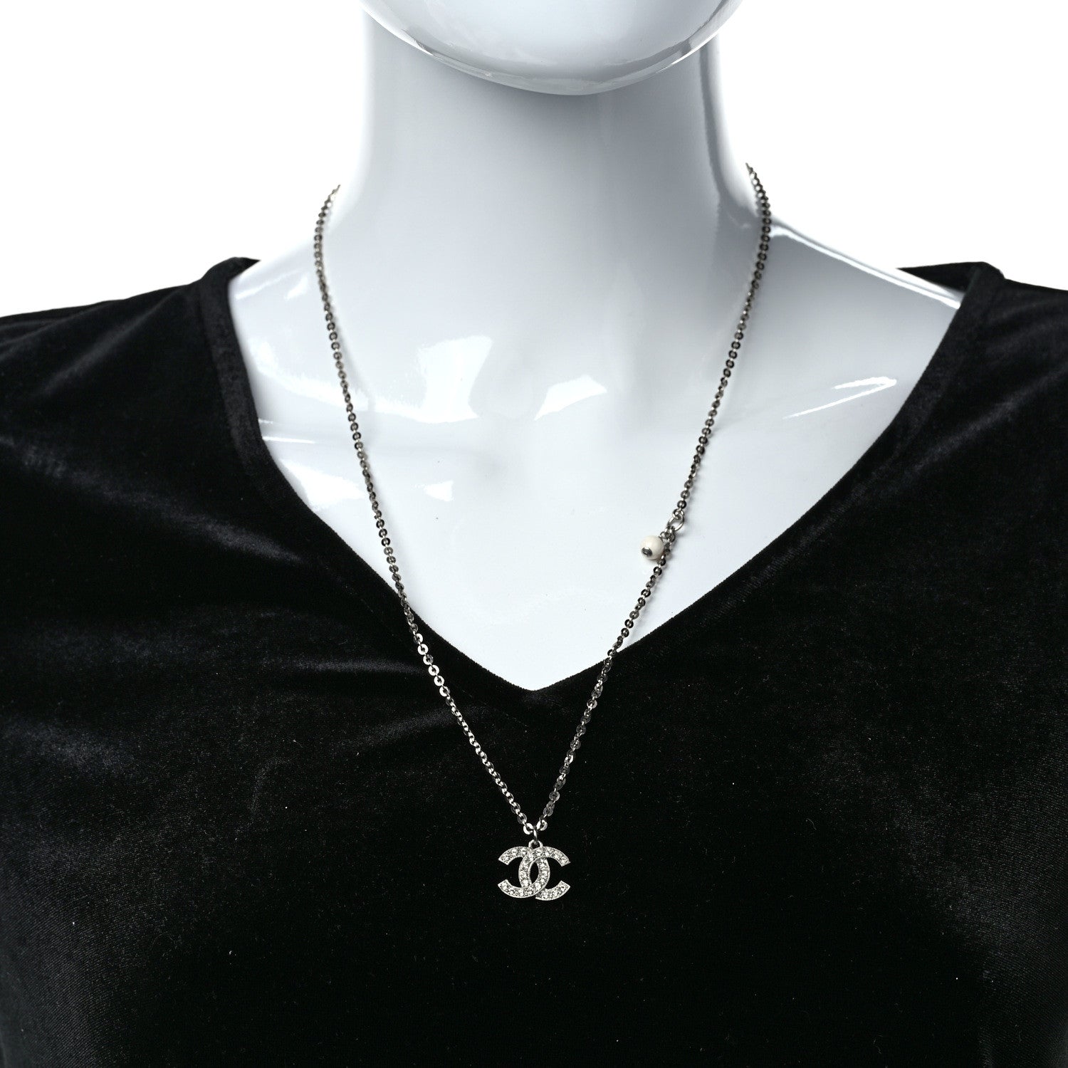 Chanel Crystal CC Pendant Necklace Silver 2 of 6