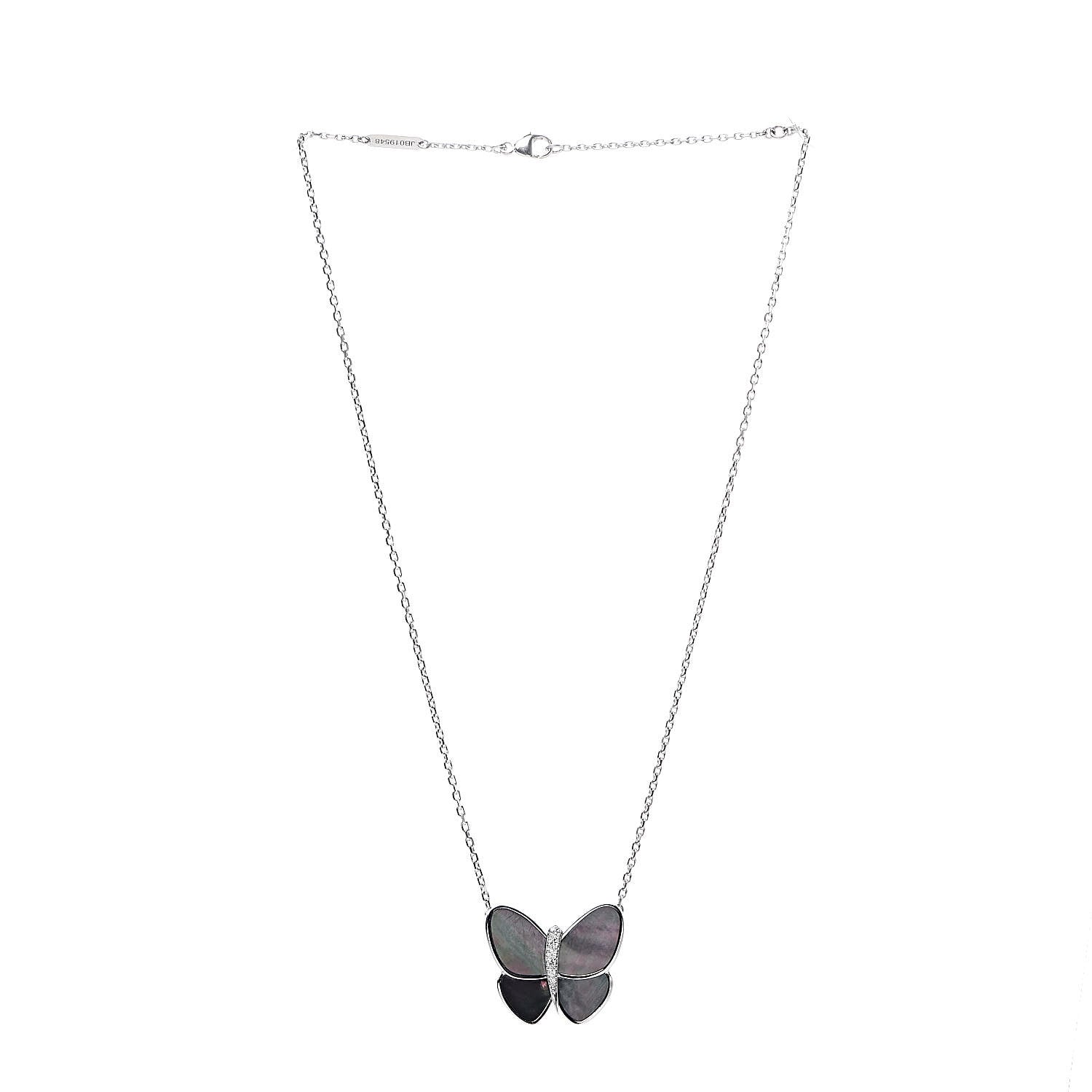 Van Cleef & Arpels 18K White Gold Grey Mother of Pearl Diamond Butterfly Pendant Necklace 3 of 7
