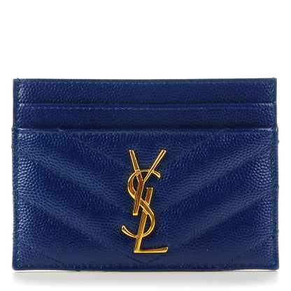 Saint Laurent Grain De Poudre Matelasse Chevron Monogram Credit Card Case Royal Blue 1 of 7