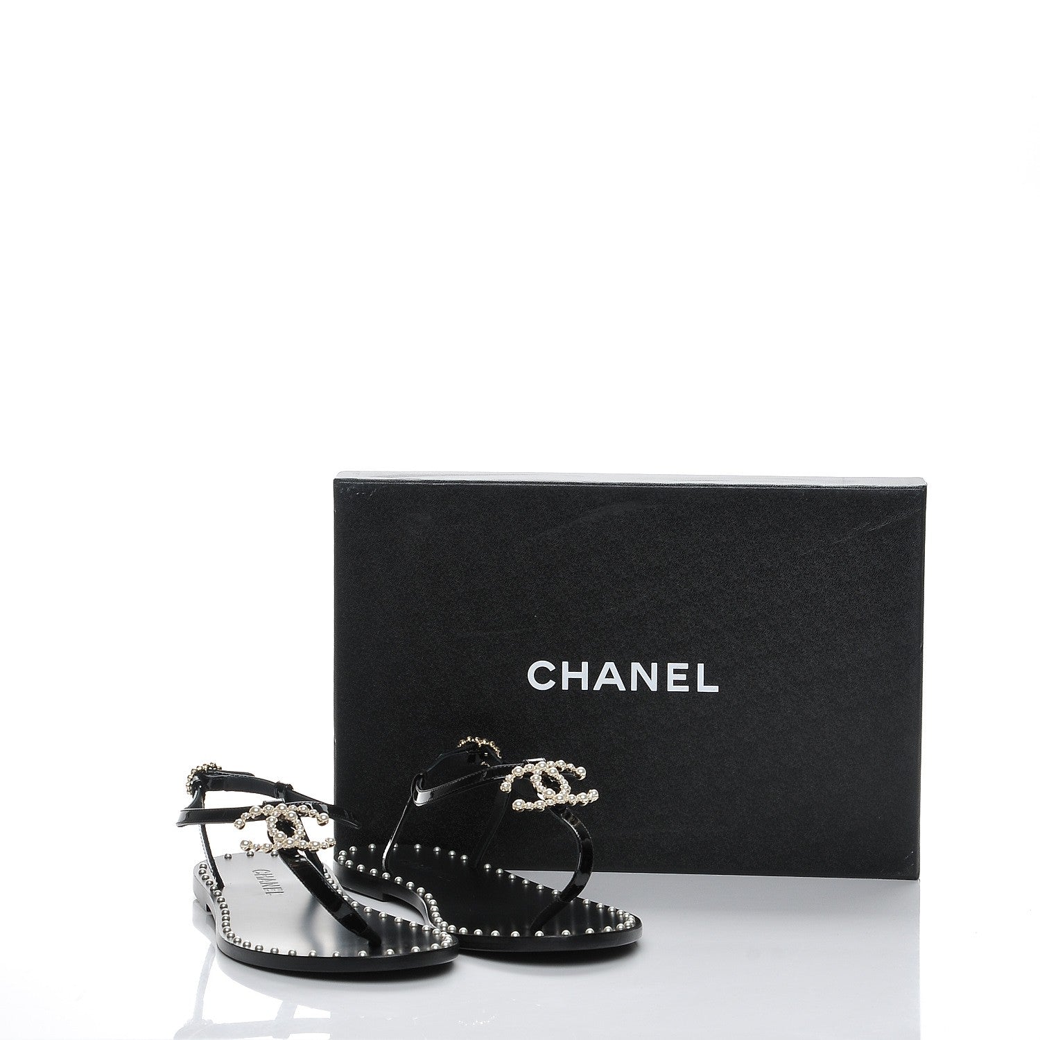 Chanel Patent Pearl CC Thong Sandals 39 Black 8 of 8