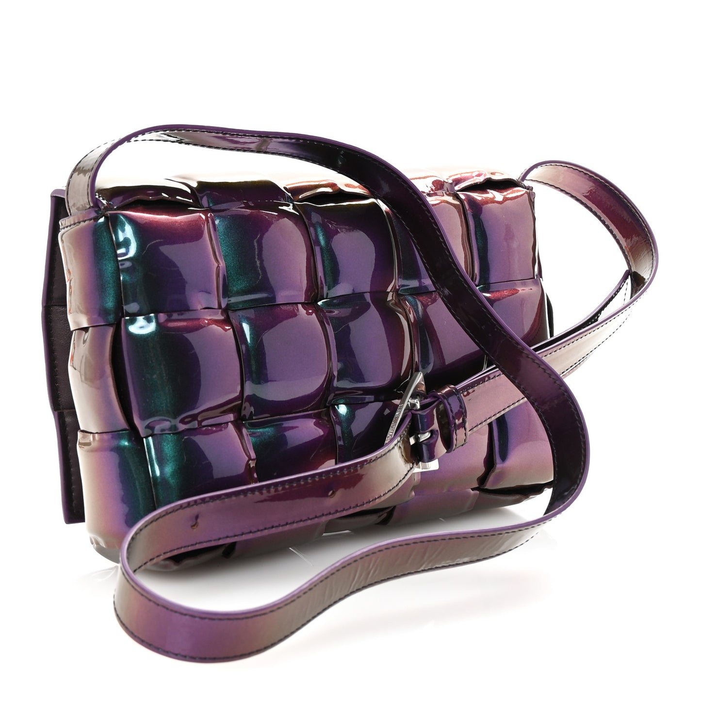 Glossy Nail Polish Nappa Maxi Intreccio Padded Cassette Crossbody Bag Holographic