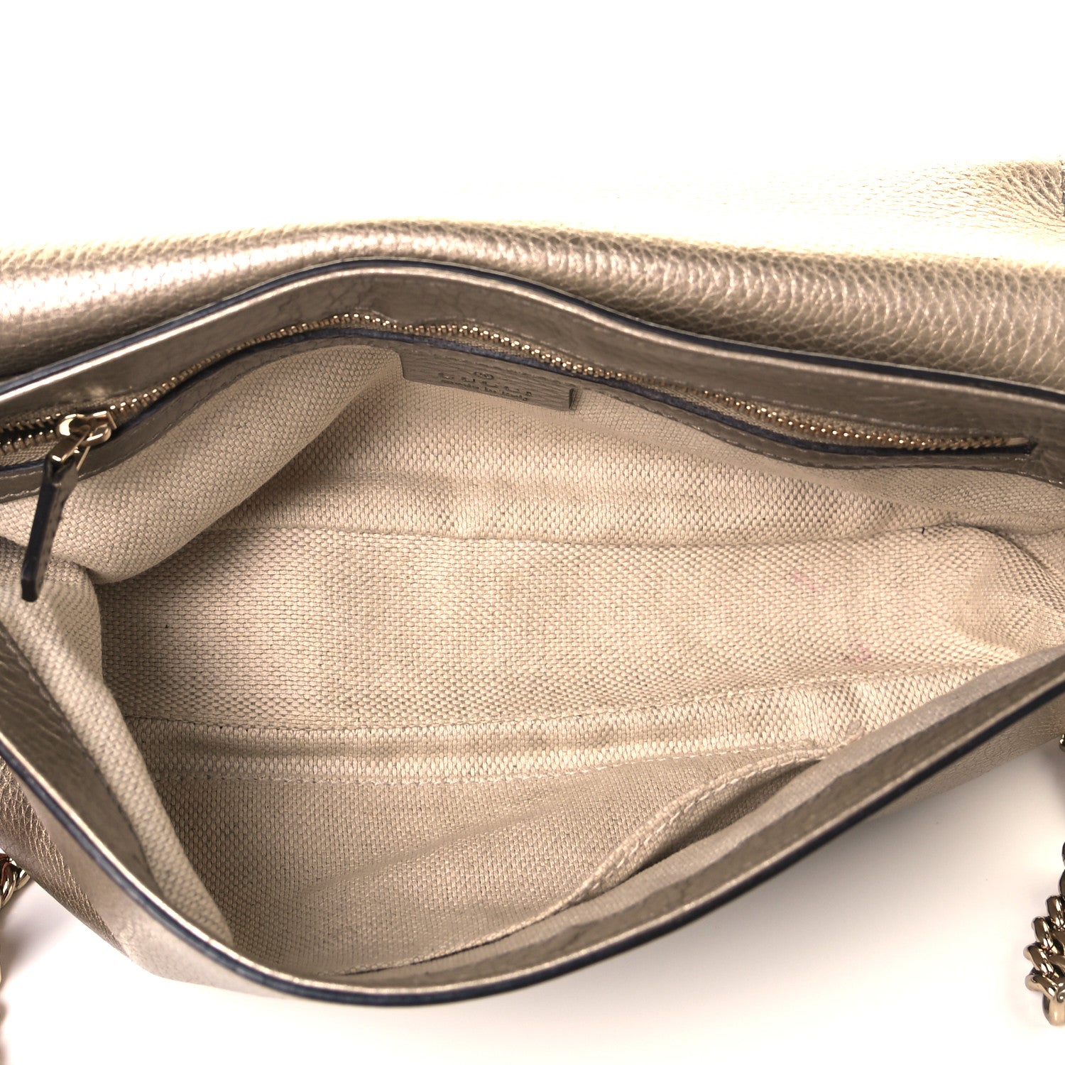 Gucci Metallic Pebbled Calfskin Medium Soho Flap Crossbody Golden Beige 5 of 9