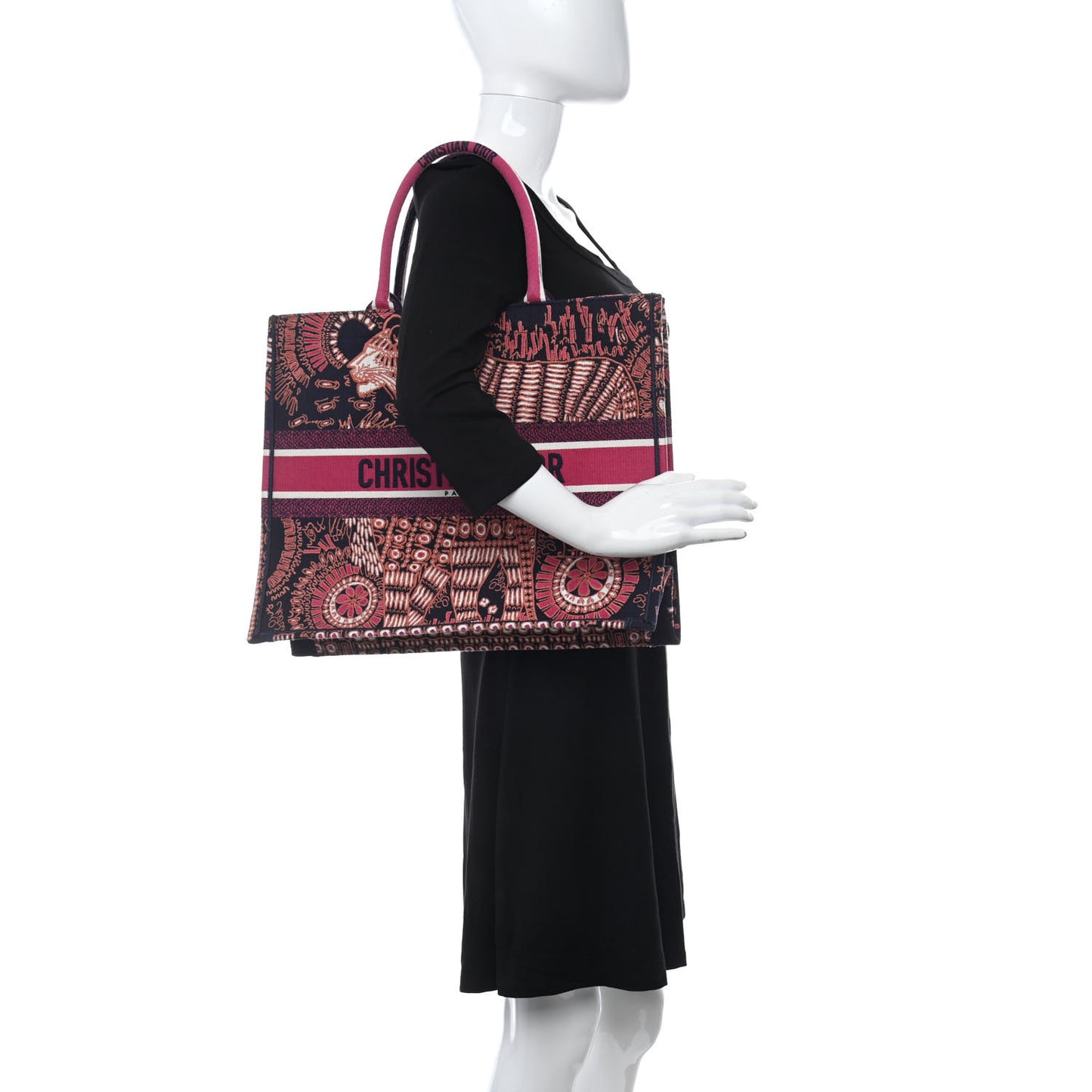 Canvas Embroidered Dior Animals Tiger Book Tote Deep Blue Fuchsia