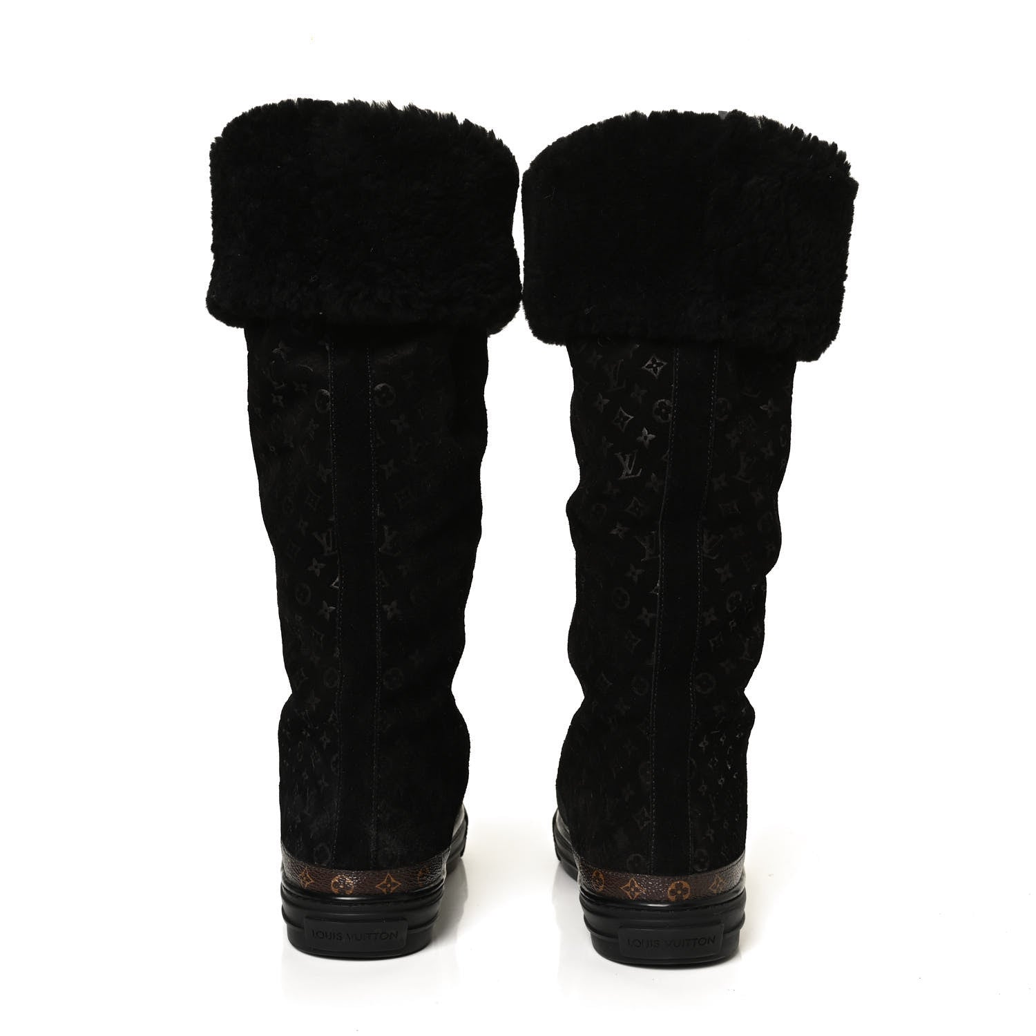 Louis Vuitton Suede Calfskin Monogram Embossed Snowball Flat Half Boots 39.5 Black 6 of 11