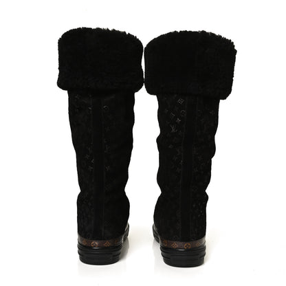 Louis Vuitton Suede Calfskin Monogram Embossed Snowball Flat Half Boots 39.5 Black 6 of 11