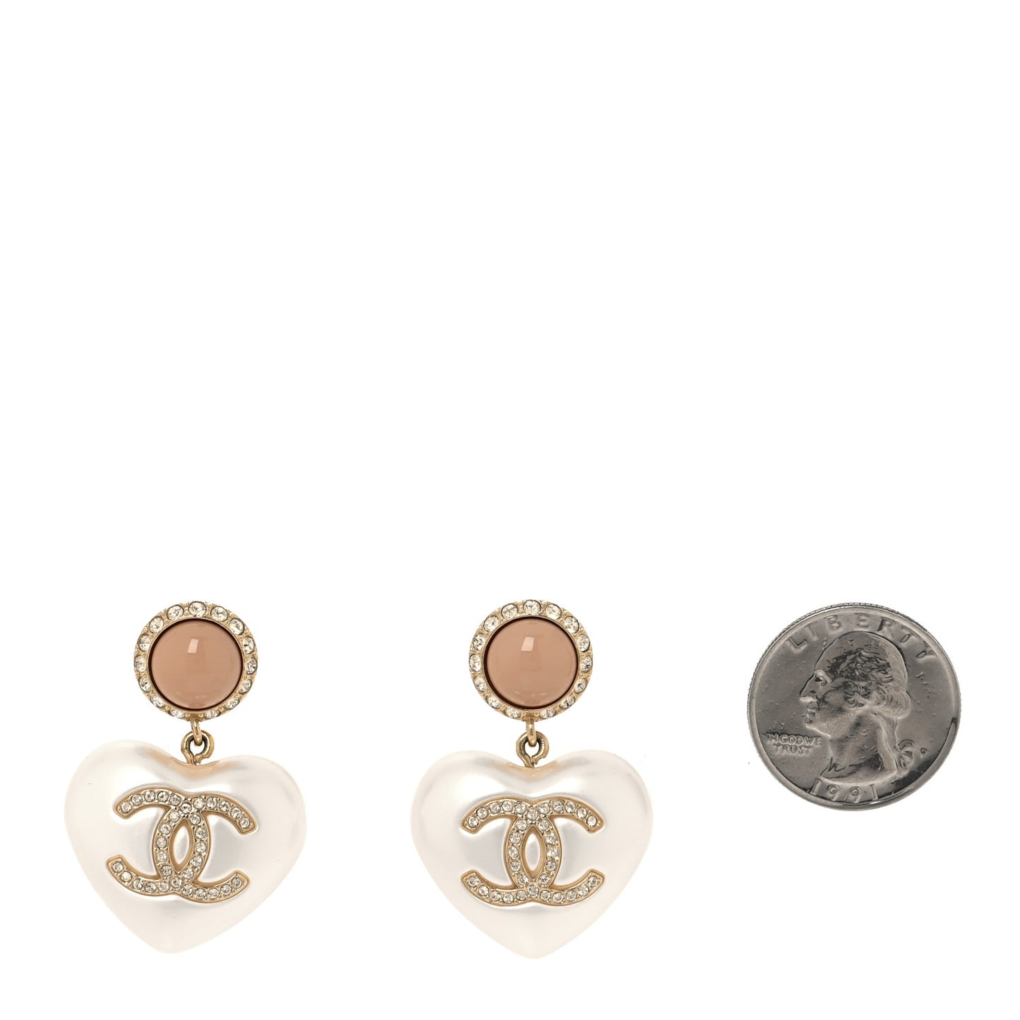 Pearl Resin Crystal CC Heart Drop Earrings Pink Gold