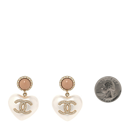 Chanel Pearl Resin Crystal CC Heart Drop Earrings Pink Gold 2 of 5