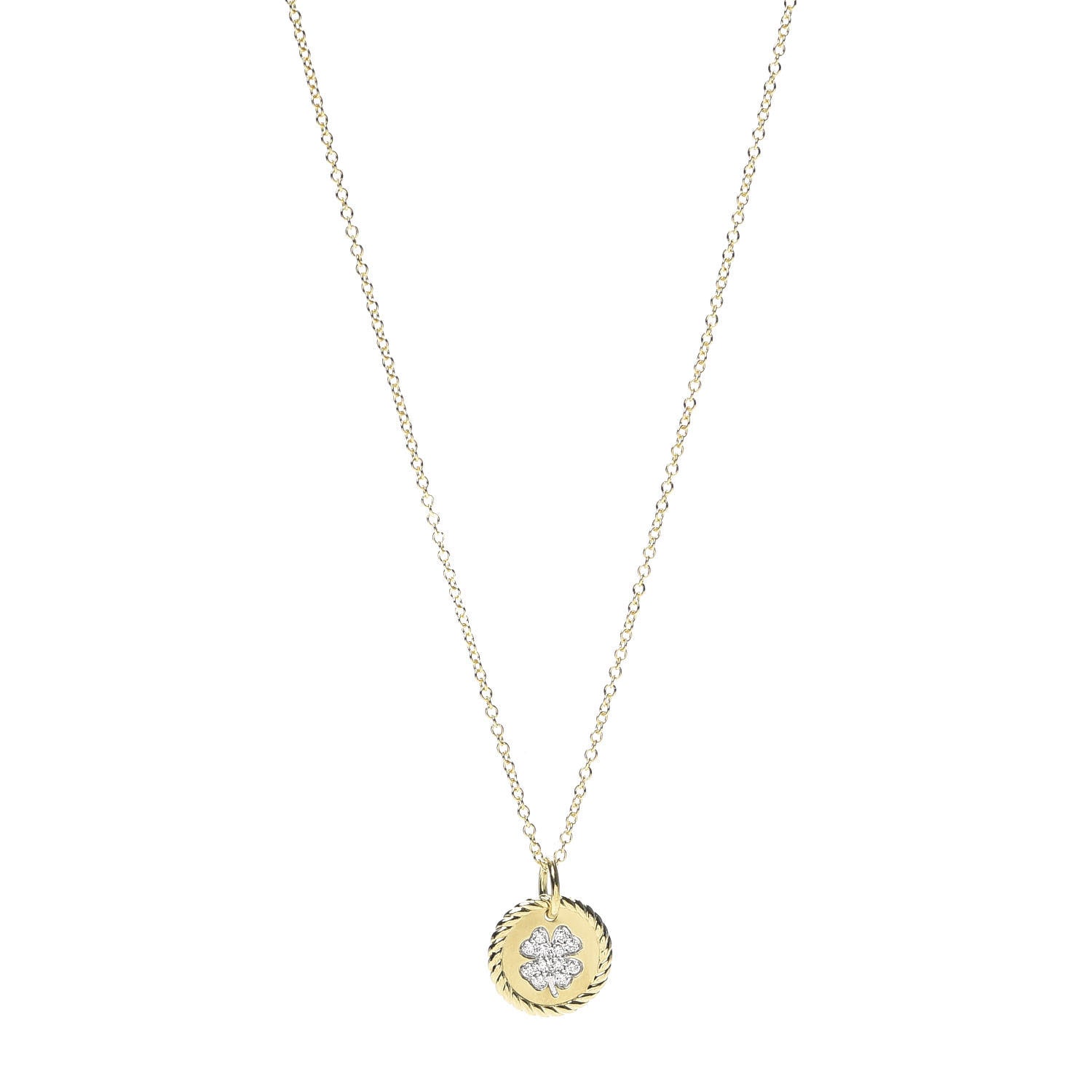 David Yurman 18K Yellow Gold Diamond Cable Collectibles Clover Charm Pendant Necklace 1 of 5