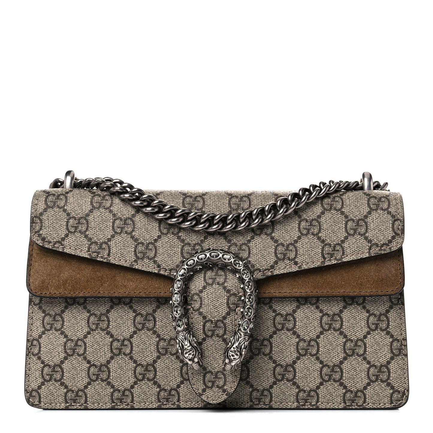 GG Supreme Monogram Suede Crystal Small Dionysus Shoulder Bag Beige Ebony Taupe