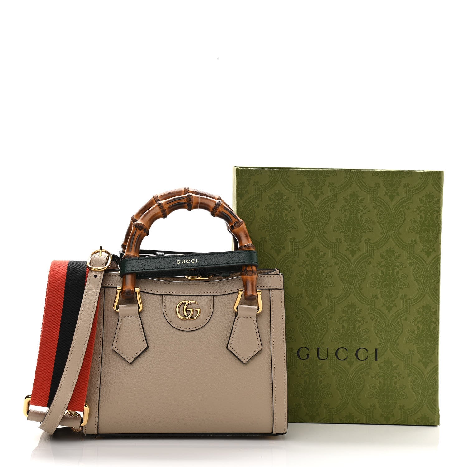 Gucci Textured Dollar Calfskin Web Mini Diana Tote Bag Oatmeal Vintage Green 11 of 11
