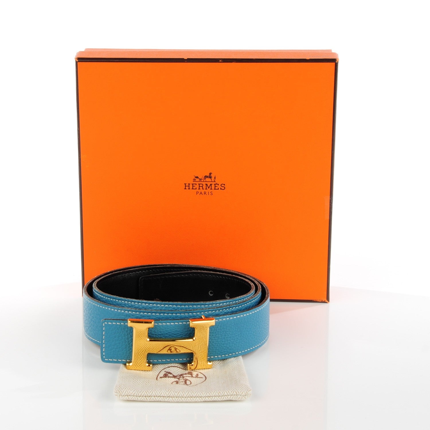 Hermes Togo Box 32mm H Belt 90 Black Blue Jean 3 of 9
