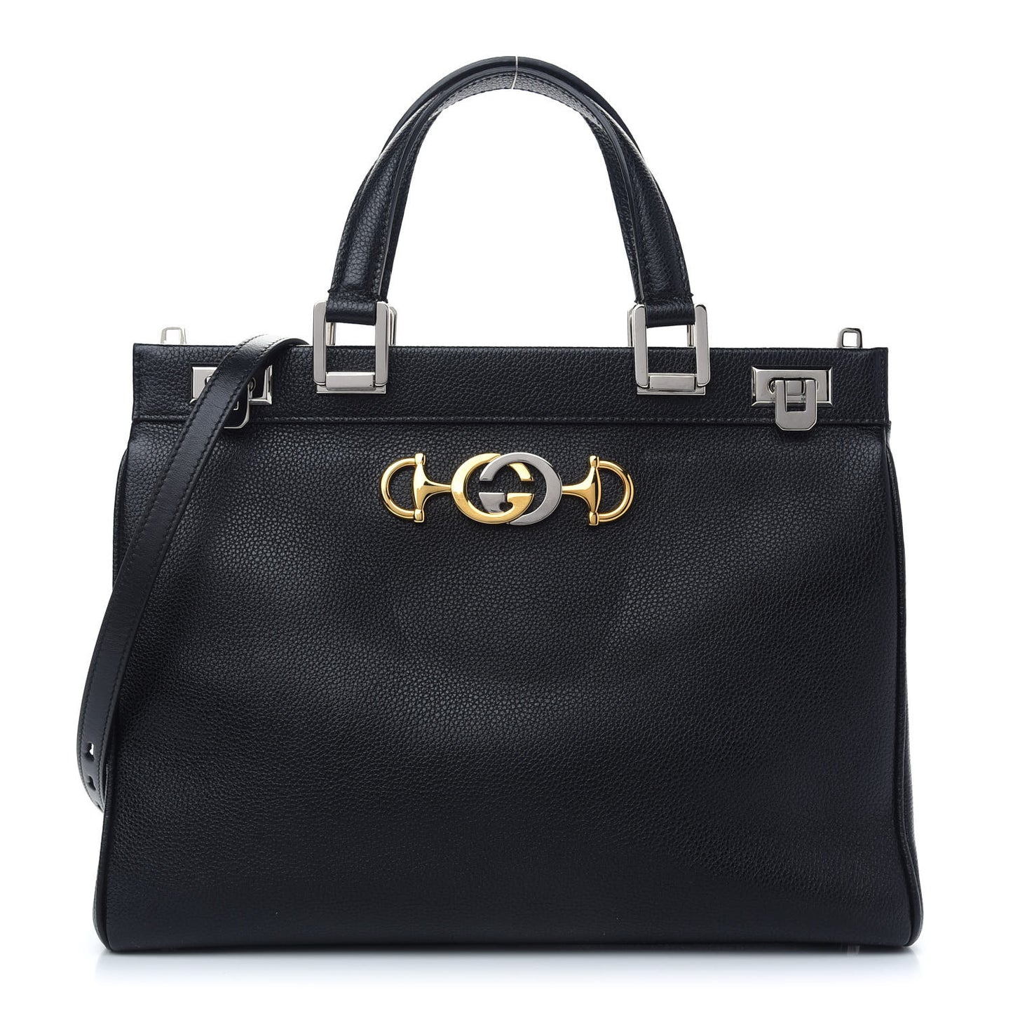 Grainy Calfskin Medium Zumi Interlocking GG Horsebit Top Handle Bag Black