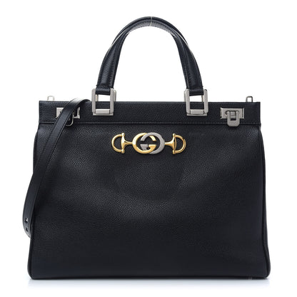 Gucci Grainy Calfskin Medium Zumi Interlocking GG Horsebit Top Handle Bag Black 1 of 9