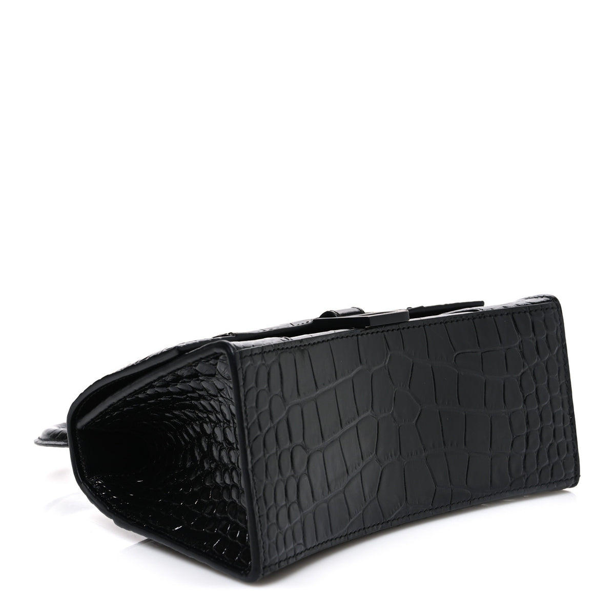 Shiny Calfskin Monochrome Crocodile Embossed Small Hourglass Top Handle Bag Black