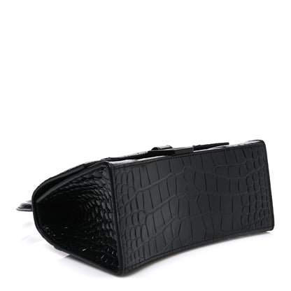 Balenciaga Shiny Calfskin Monochrome Crocodile Embossed Small Hourglass Top Handle Bag Black 4 of 11