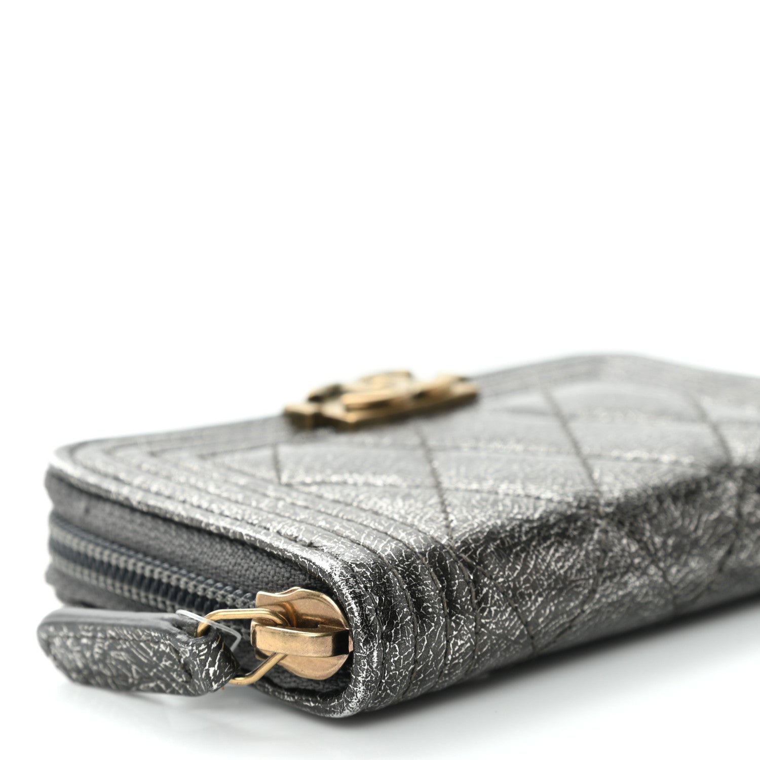 Chanel Cracked Metallic Calfskin Quilted Boy Zip Around Coin Purse Wallet Dark Silver 8 of 10