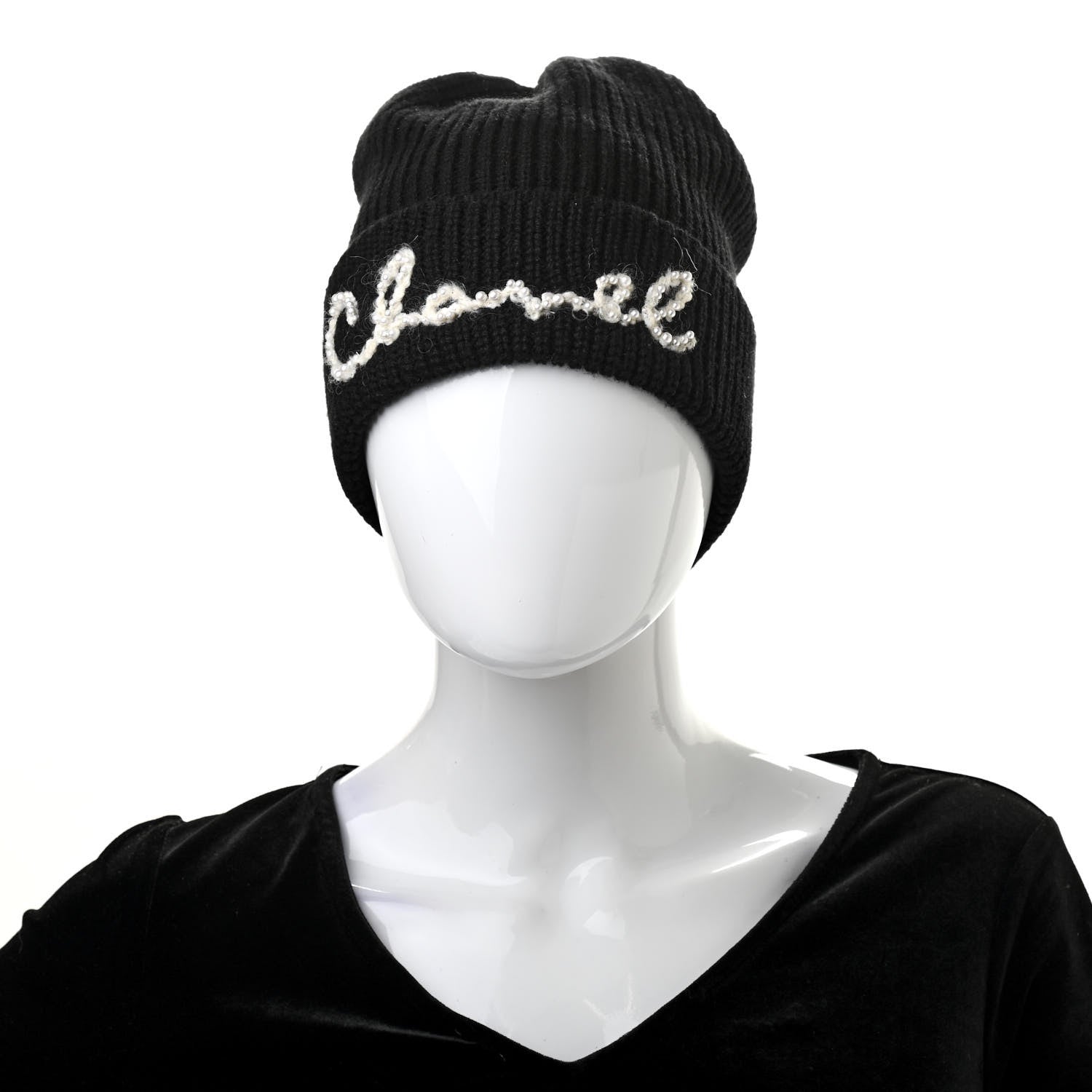 Chanel Cashmere Embroidered Beanie Hat Black White 2 of 5