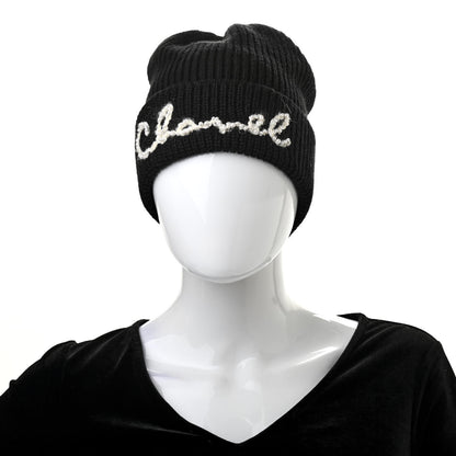 Chanel Cashmere Embroidered Beanie Hat Black White 2 of 5
