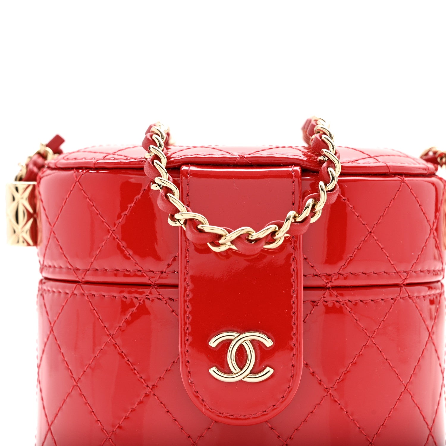 Chanel Patent Quilted Small Round Vanity With Chain Red 8 of 10