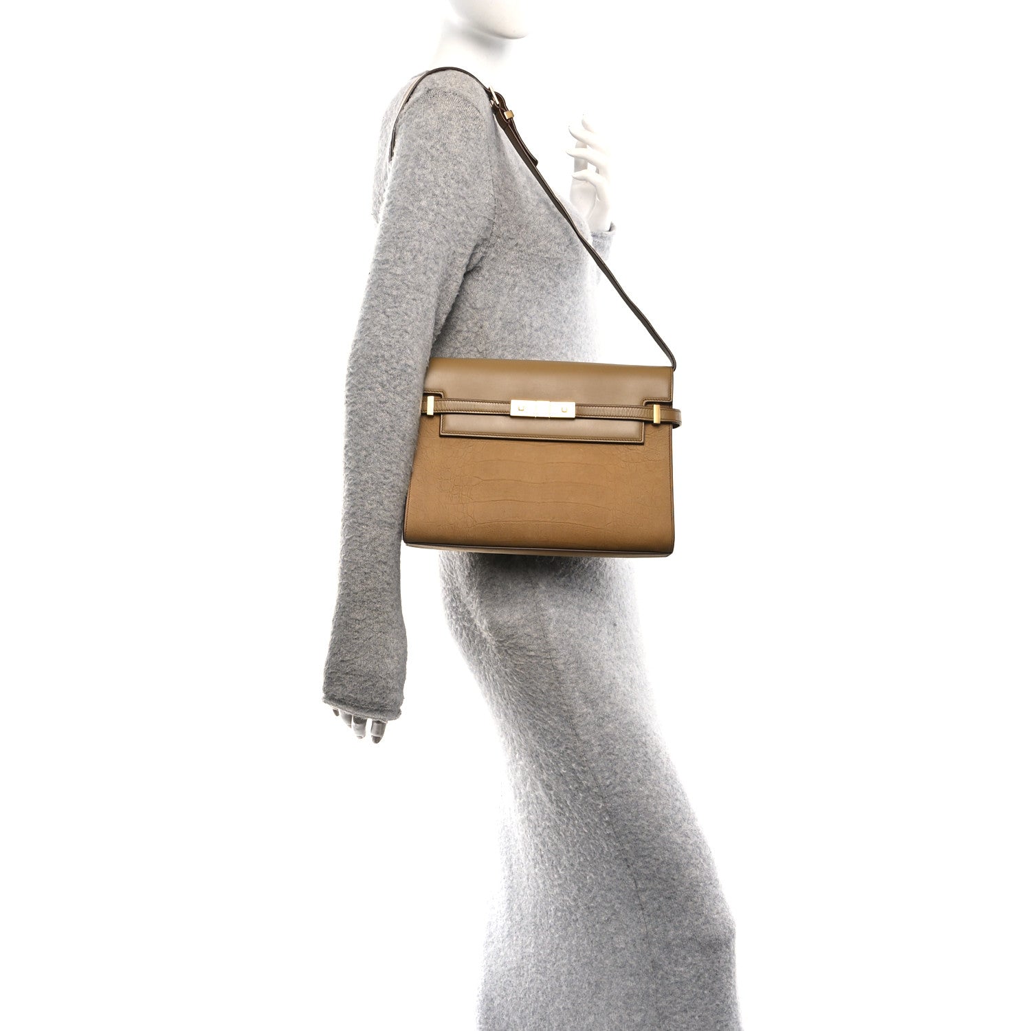Saint Laurent Smooth Calfskin Suede Crocodile Embossed Manhattan Shoulder Bag Tan 2 of 12