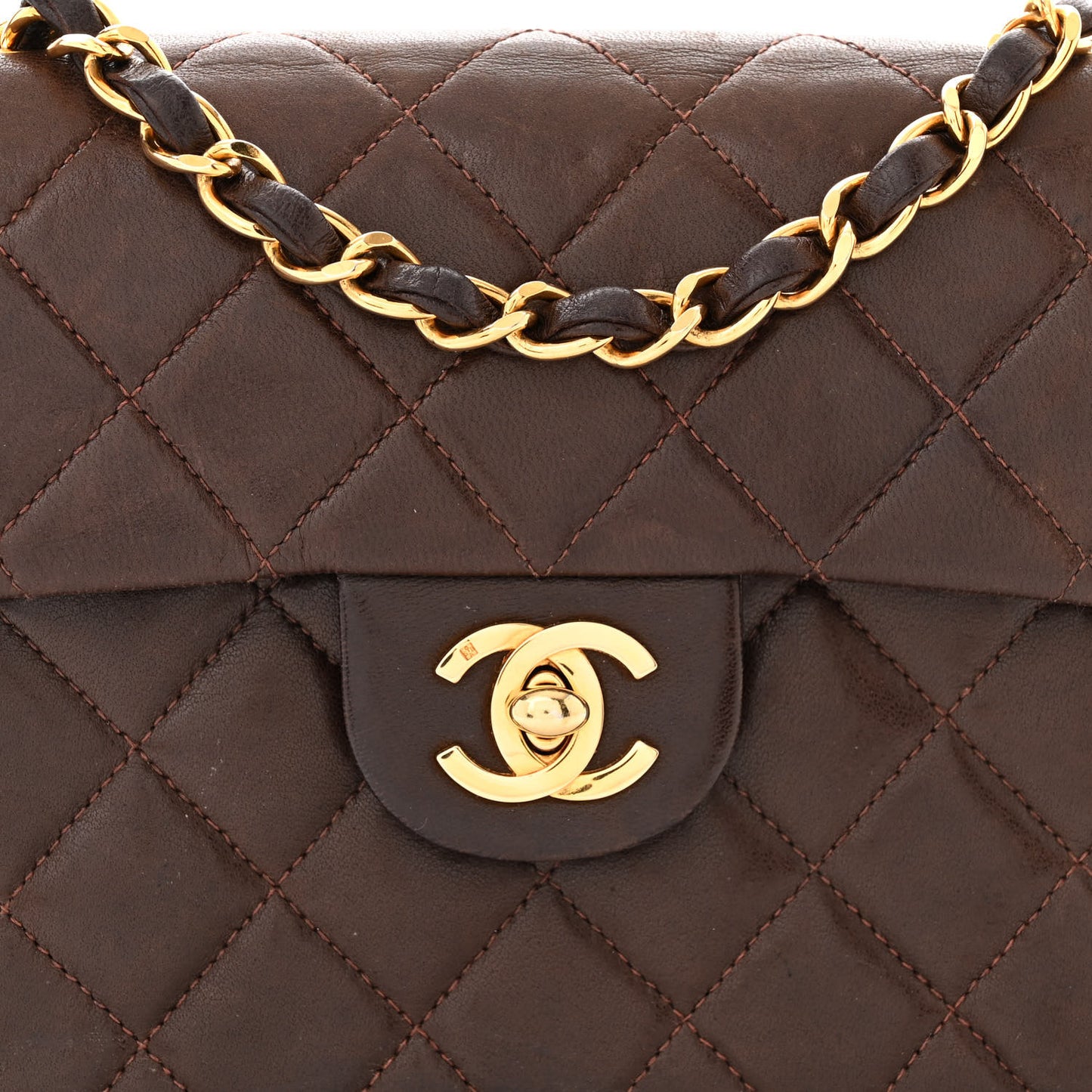 Lambskin Quilted Mini Square Flap Bag Dark Brown