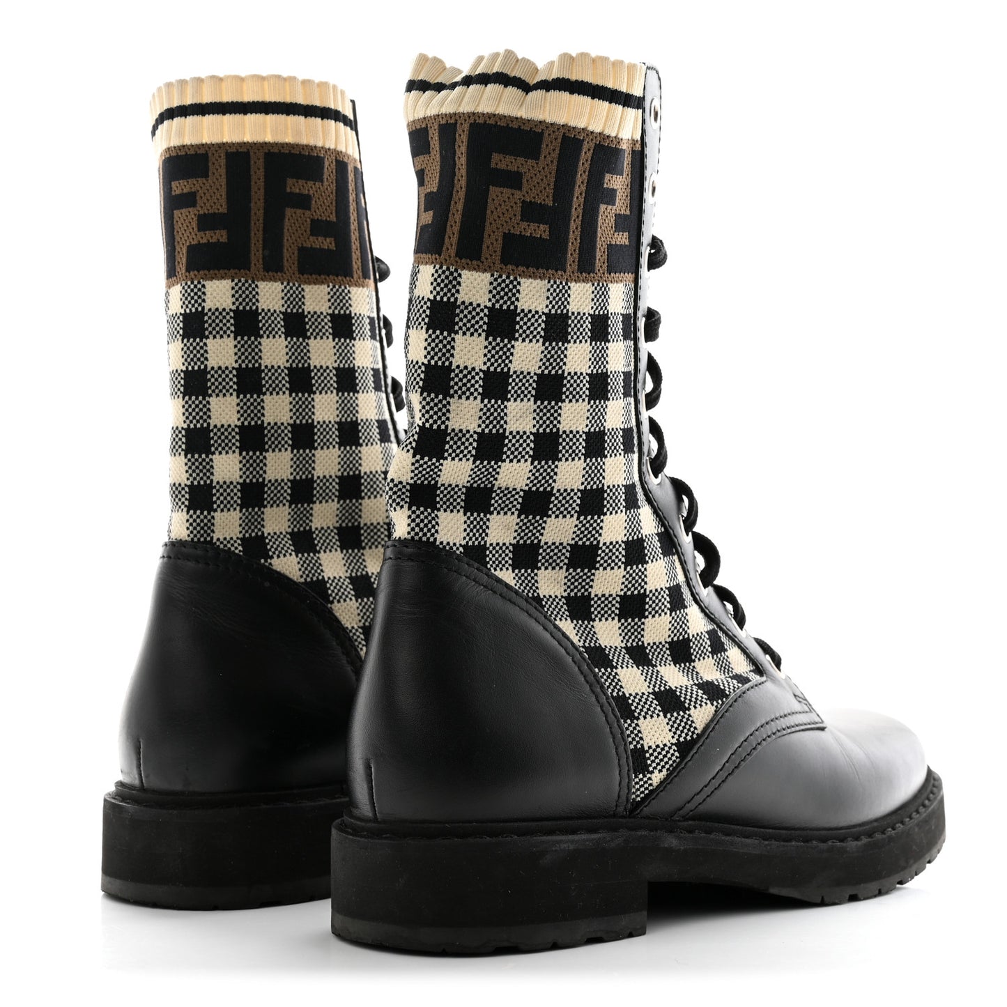 Vitello Stretch Fabric FF Vichy Rockoko Biker Boots 39 Black Crema Tobacco