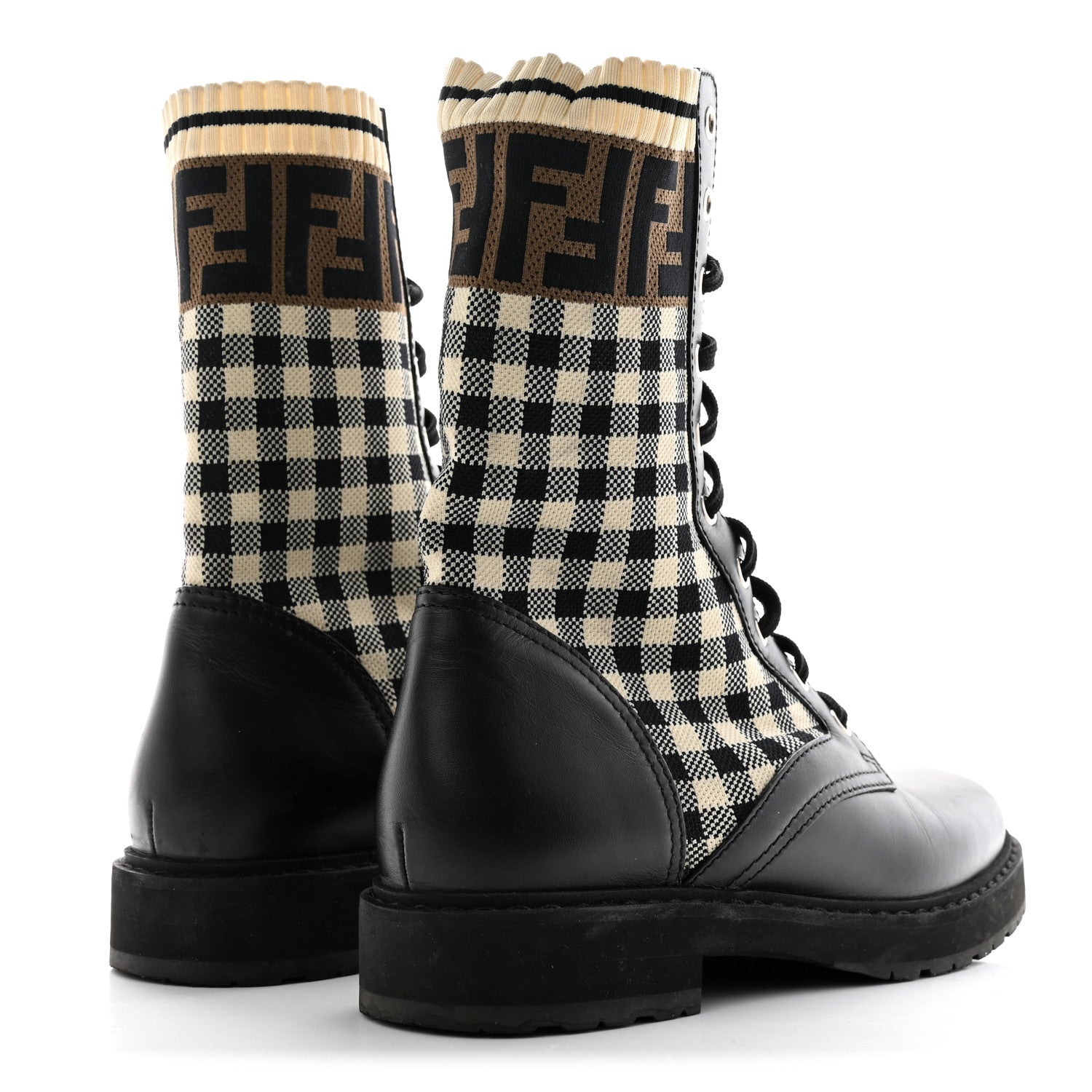 Fendi Vitello Stretch Fabric FF Vichy Rockoko Biker Boots 39 Black Crema Tobacco 4 of 11