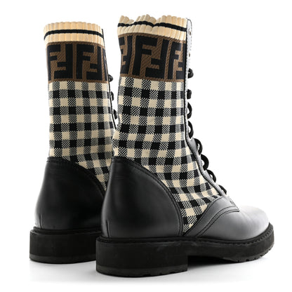 Fendi Vitello Stretch Fabric FF Vichy Rockoko Biker Boots 39 Black Crema Tobacco 4 of 11