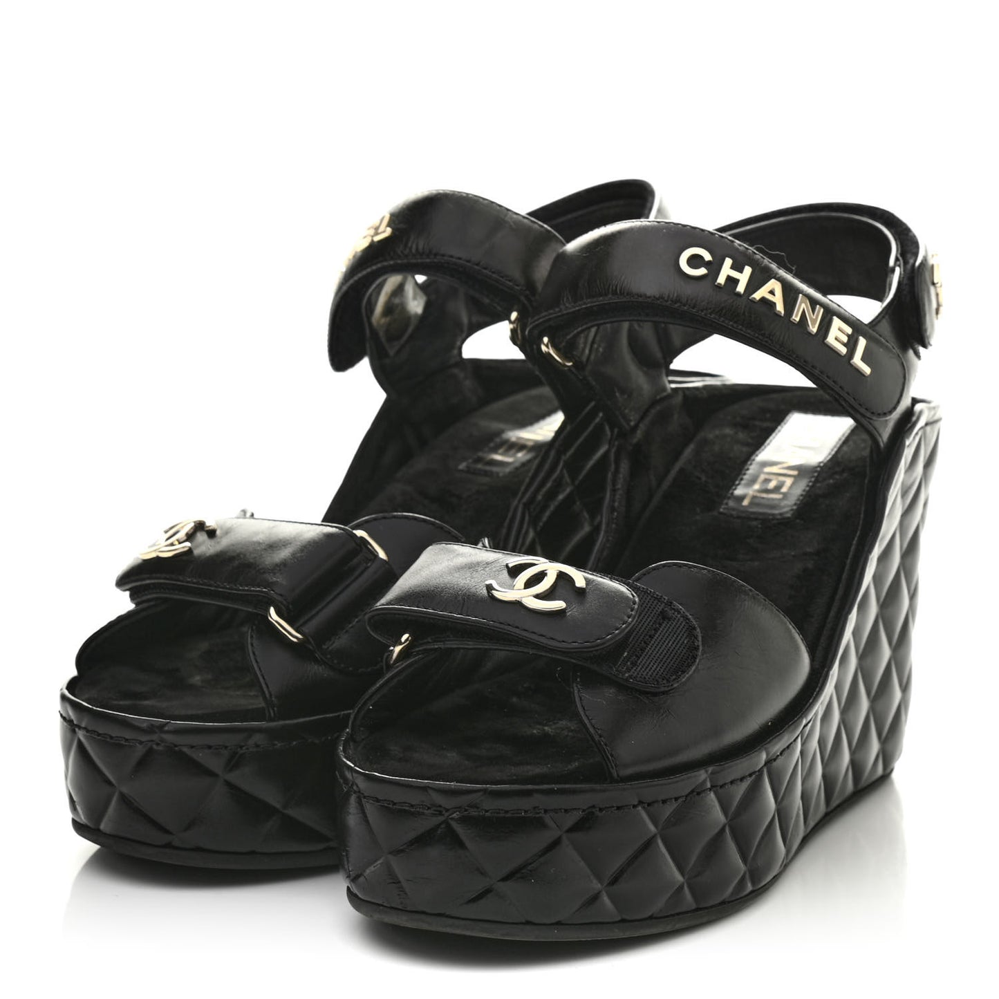 Shiny Calfskin Quilted Wedge Sandals 38 Black