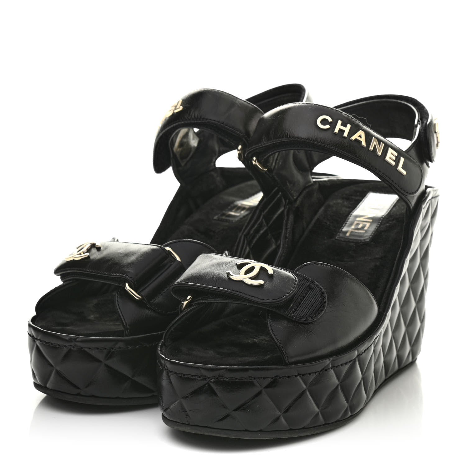 Chanel Shiny Calfskin Quilted Wedge Sandals 38 Black 3 of 9