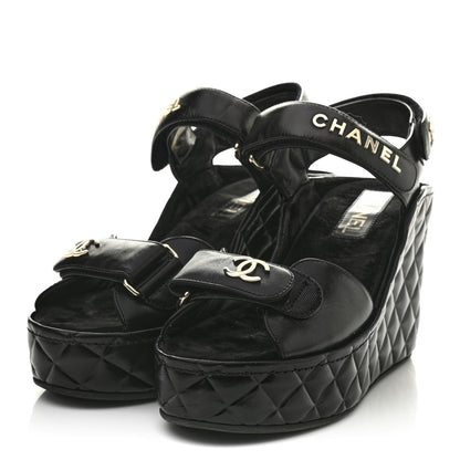 Chanel Shiny Calfskin Quilted Wedge Sandals 38 Black 3 of 9