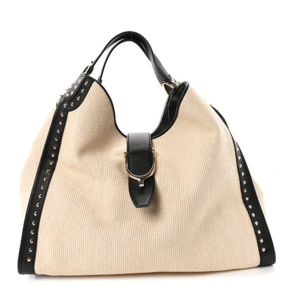 Gucci Canvas Calfskin Studded Large Soft Stirrup Shoulder Bag White Black 1 of 10