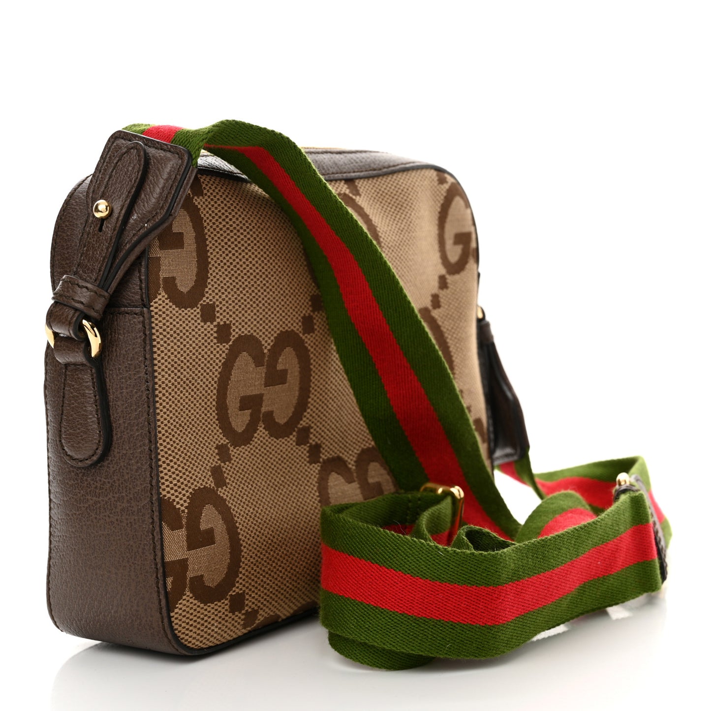 Monogram Jumbo GG Textured Dollar Calfskin Web Messenger Shoulder Bag Camel Ebony New Acero