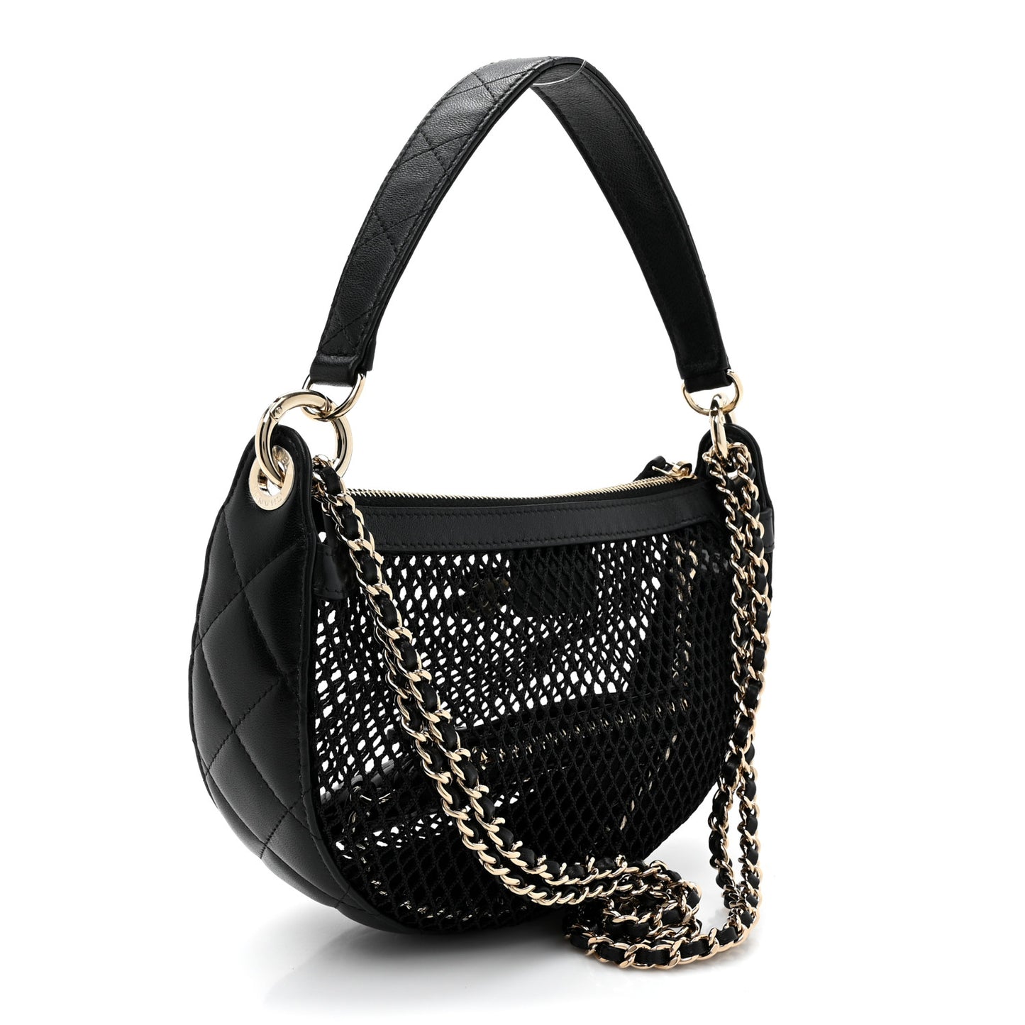 Mesh Shiny Lambskin Chain Hobo Black