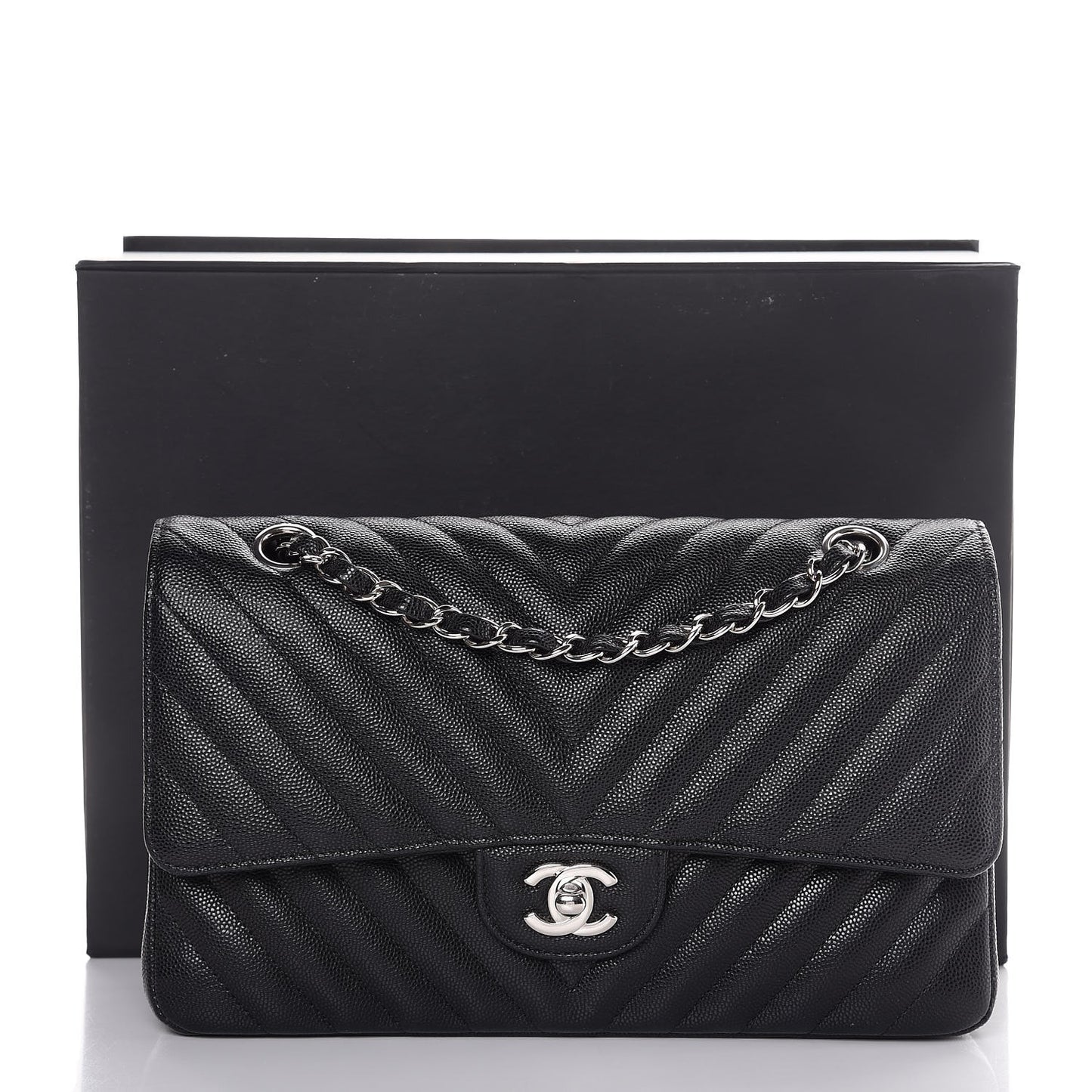 Caviar Chevron Quilted Medium Double Flap Black