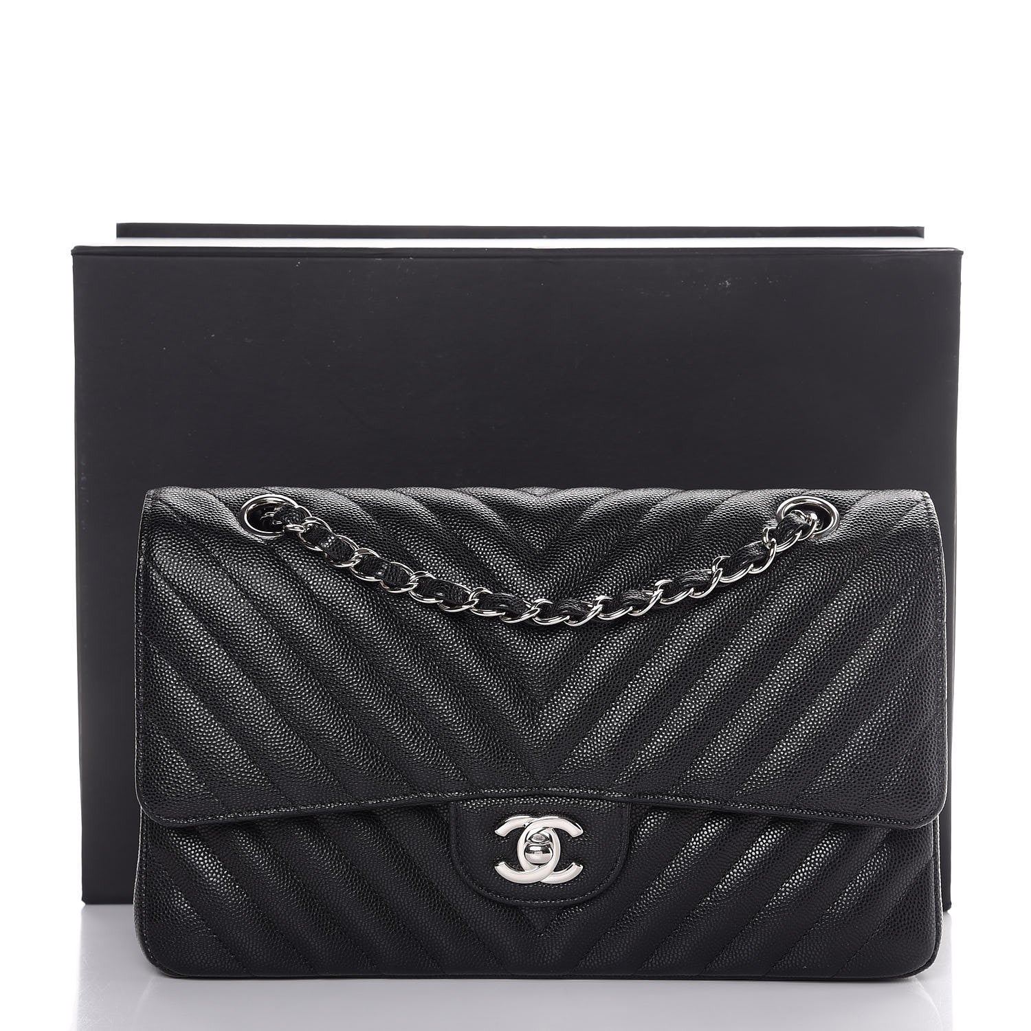 Chanel Caviar Chevron Quilted Medium Double Flap Black 8 of 8