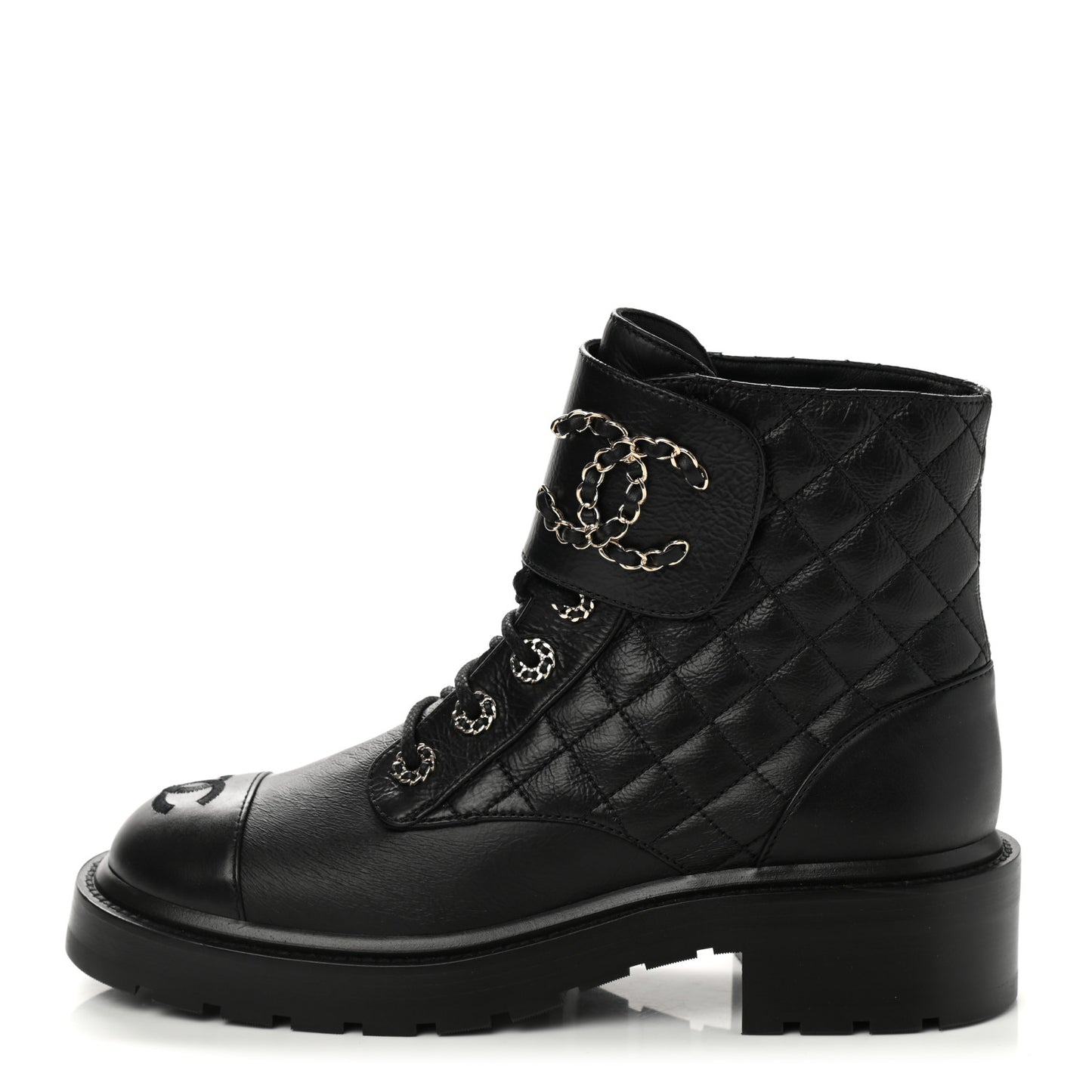 Shiny Calfskin Quilted Lace Up Combat Boots 38 Black