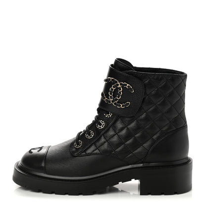 Chanel Shiny Calfskin Quilted Lace Up Combat Boots 38 Black 1 of 8