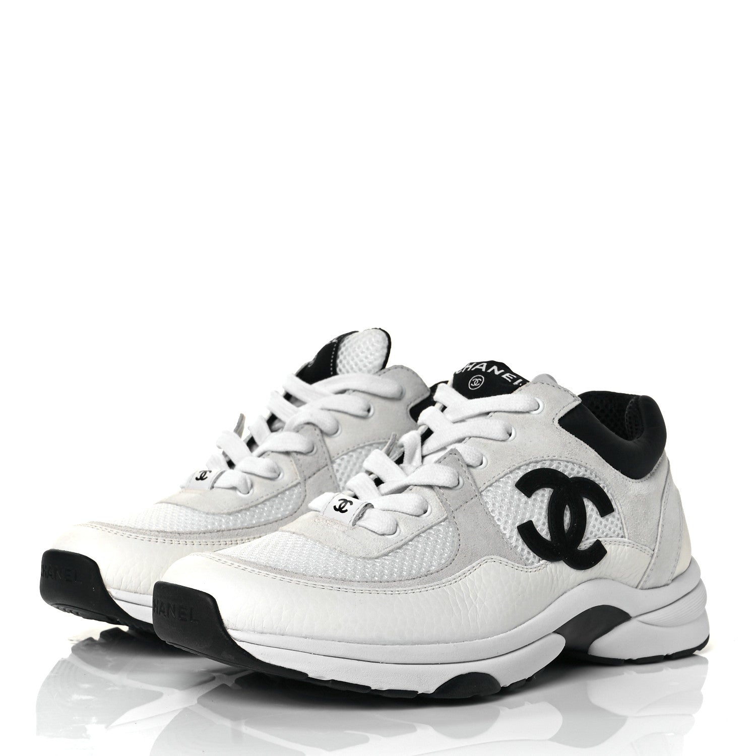 Chanel Mesh Suede Calfskin Grained Calfskin Womens CC Sneakers 39 White Black 3 of 8