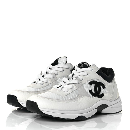 Chanel Mesh Suede Calfskin Grained Calfskin Womens CC Sneakers 39 White Black 3 of 8
