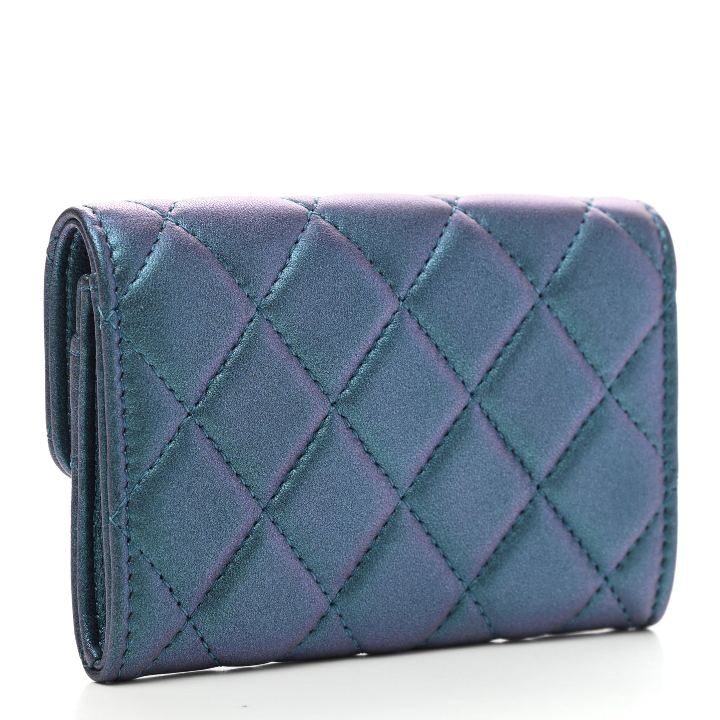 Iridescent Lambskin Quilted Flap Card Holder Turquoise