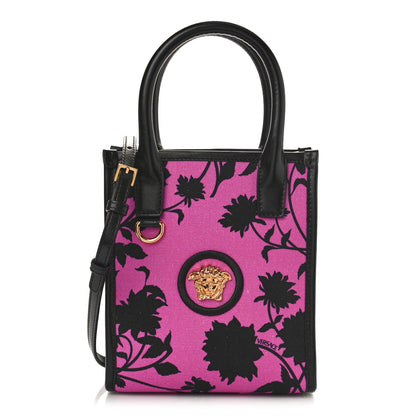 Versace Calfskin Cotton Floral Printed La Medusa Mini Book Tote Black Water Lily 1 of 8