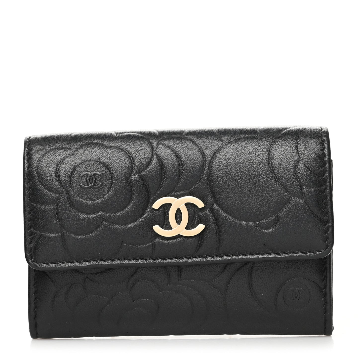 Lambskin Camellia Embossed Flap Card Holder Black