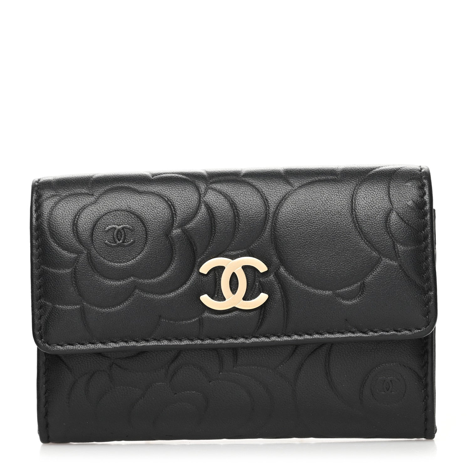 Chanel Lambskin Camellia Embossed Flap Card Holder Black 1 of 12
