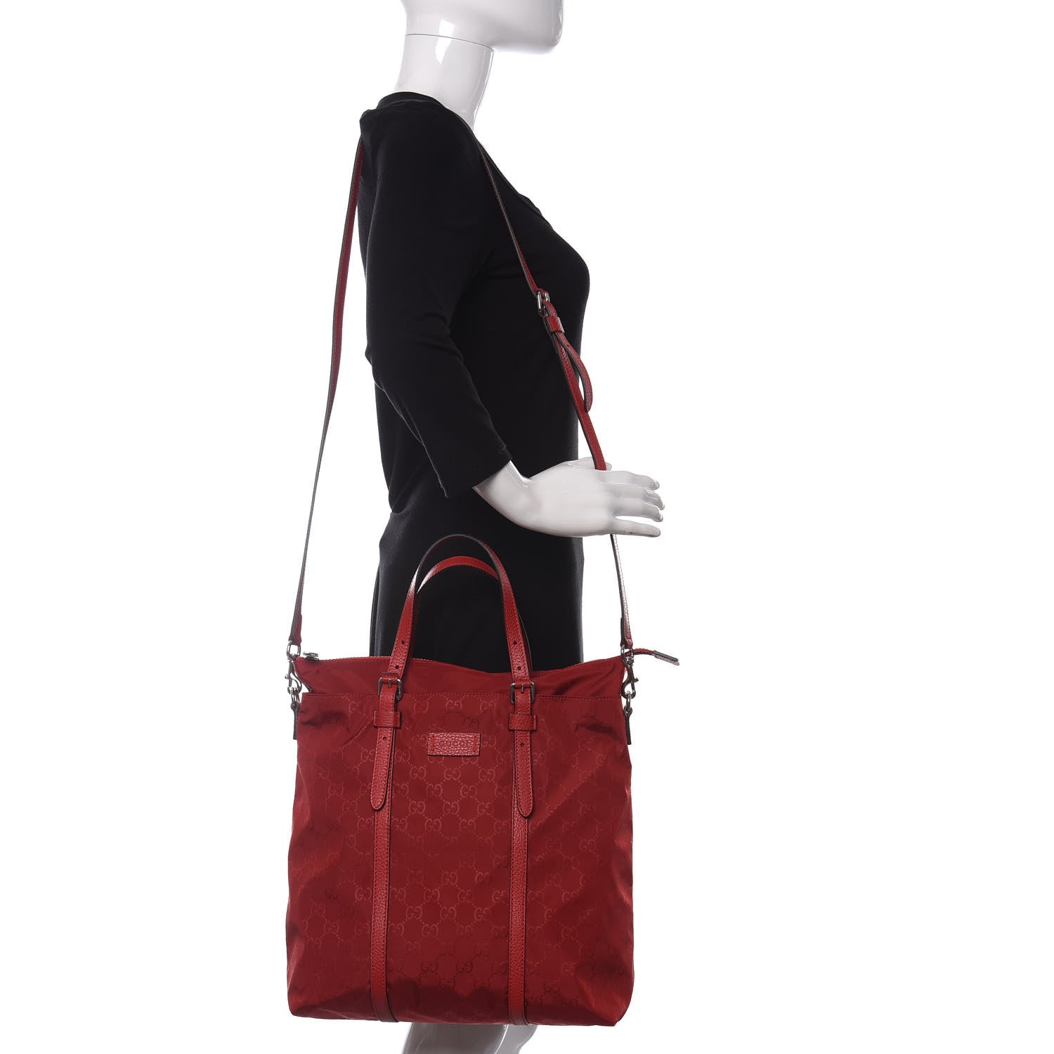 Gucci Nylon Monogram Dollar Calfskin Medium Vertical Tote Vibrant Red 2 of 10