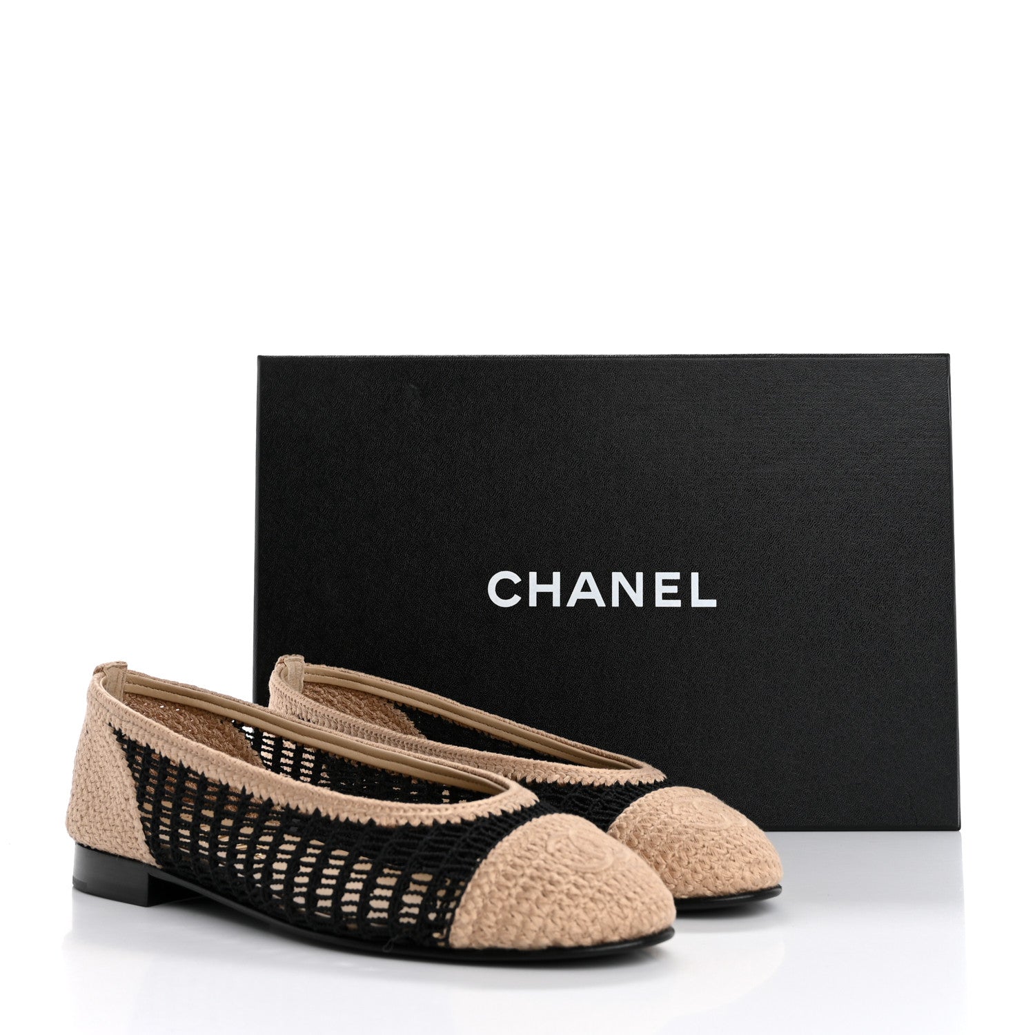 Chanel Raffia Cap Toe Ballerina Flats 36.5 Black Beige 1638631