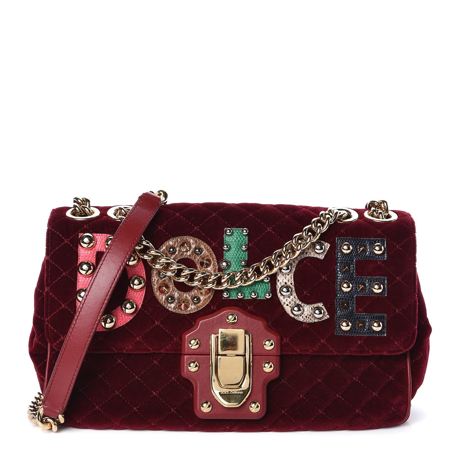 Dolce & Gabbana Velvet Watersnake Embellished Lucia Shoulder Bag Dark Purple 1 of 10