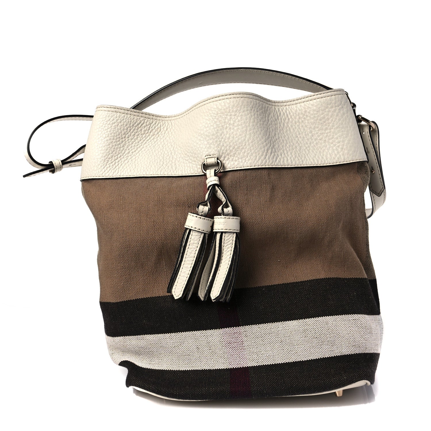 Burberry Grainy Calfskin Canvas Mega Check Medium Ashby Tassel Hobo White 1 of 8