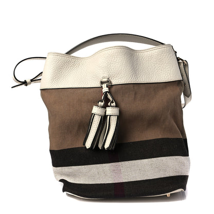 Burberry Grainy Calfskin Canvas Mega Check Medium Ashby Tassel Hobo White 1 of 8